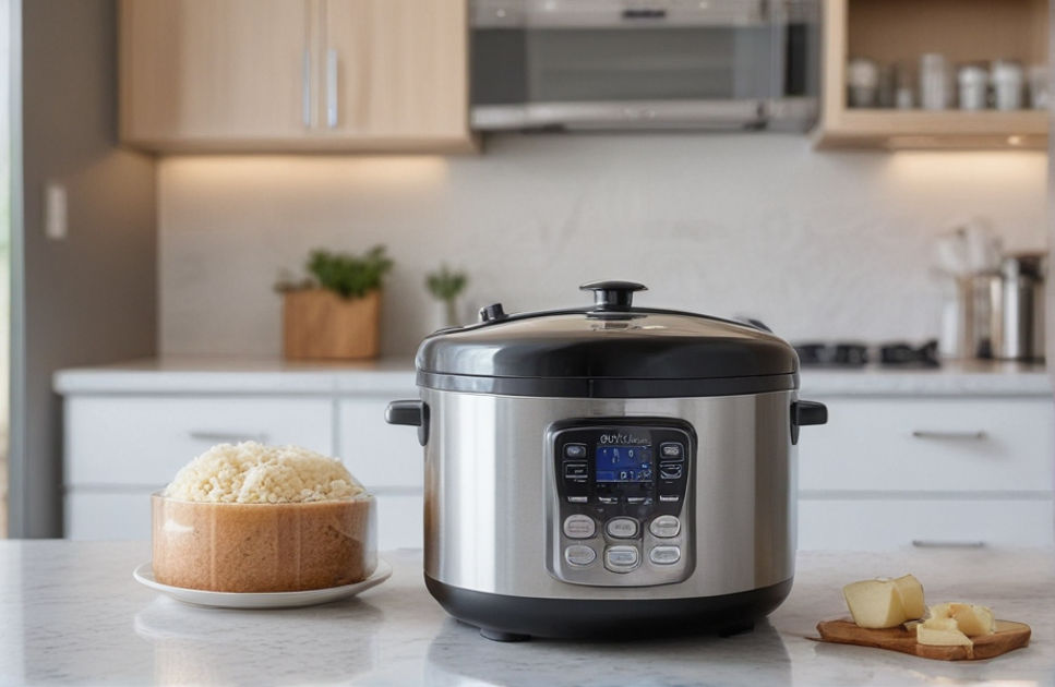 A stainless steel rice cooker with a digital control panel sits on the countertop beside a bag of rice and a measuring cup.