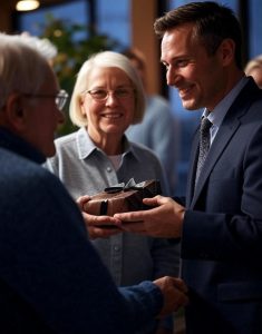 campaign manager handing a chocolate gift pack to a donor