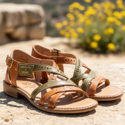 A pair of elegantly designed leather sandals, ethically made in Israel, are displayed in a bright, natural light.