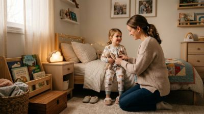 A parent helping a young child prepare for bedtime in a comfortable bedroom, organized nighttime routine